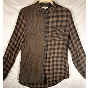 beachlunchlounge Collection Women M Medium Brown Black Plaid Gingham Button Down